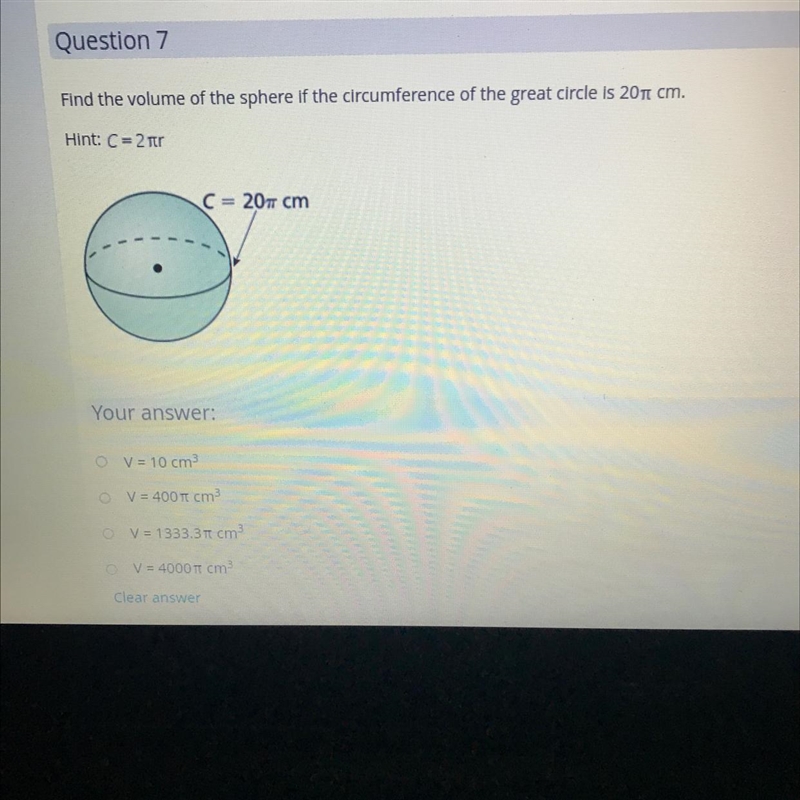 Find the volume of the sphere Formula: V= 4/3 * 3.14 * r^3-example-1