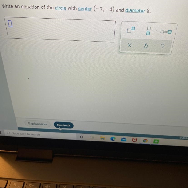 Writing an equation of a circle given at Center and radius or diameter-example-1