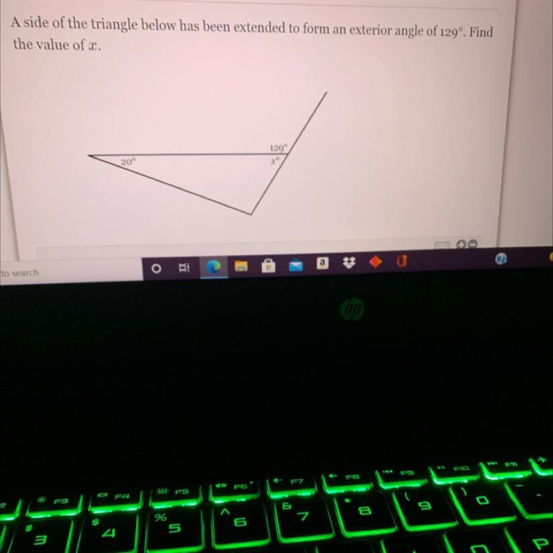 A side of the triangle below has been extended to form an exterior angle of 129'. Findthe-example-1