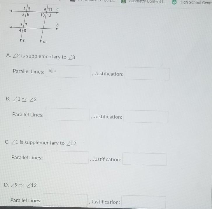 help????? what are the parallel line and what's the justification using converse theorems-example-1