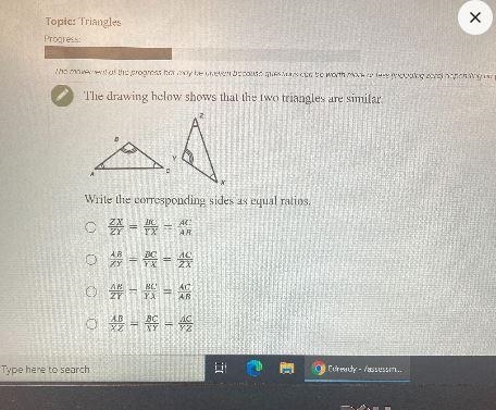 The drawing below shows that the two triangles are similar.Write the corresponding-example-1