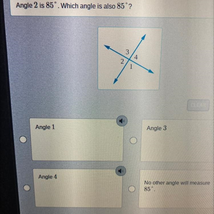 Angle 2 is 85°. Which angle is also 85°?-example-1