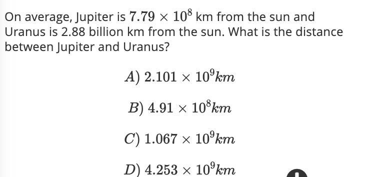 On average, Jupiter is 7.79 x 10(power 8) km from the sun and Uranus is 2.88 billion-example-1