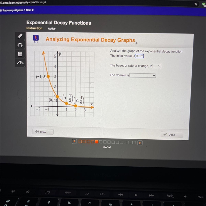 I need an initial value, base or rate of change, and the domain from this graph-example-1