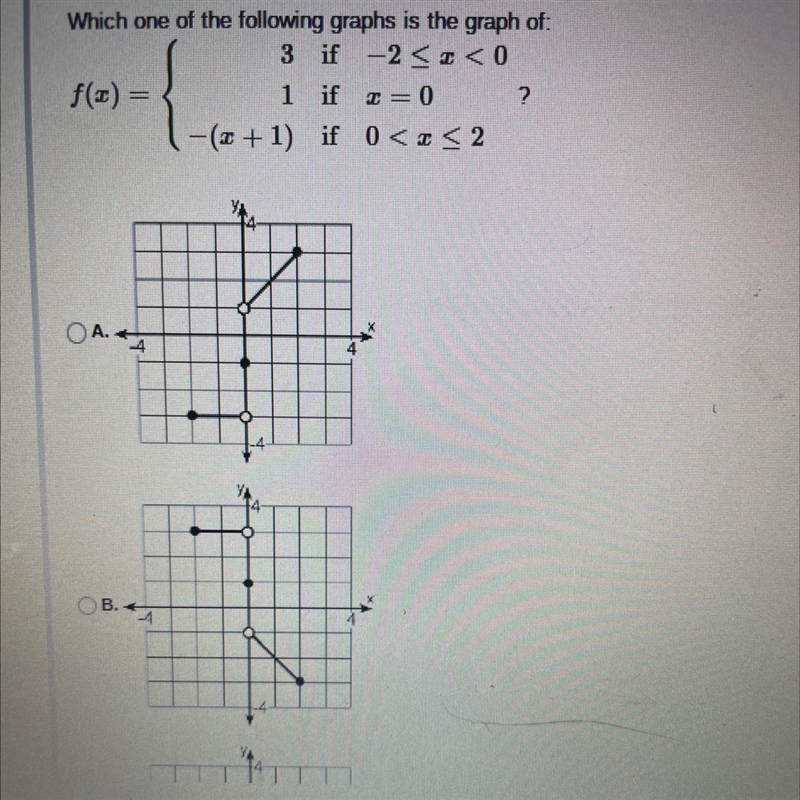 Which one of the following graphs is the graph of:3if -2 < x < 01if x = 0if-example-1