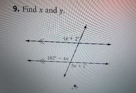 Hi! I am currently trying to find x and y. I have the equation 182°-4x+5x+2°+4y+2°, I-example-1