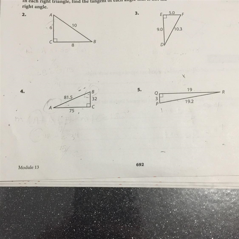 On each right triangle ,find the tangent of each angle that is not the right angle-example-1