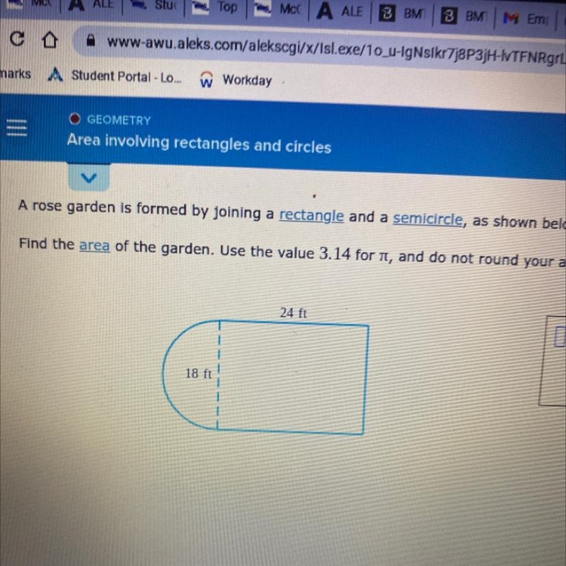 Area involving rectangles and circlesA rose garden is formed by joining a rectangle-example-1