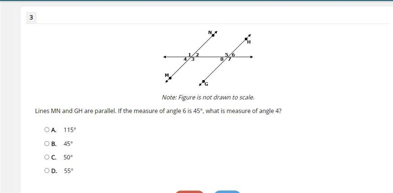 Lines MN and GH are parallel. If the measure of angle 6 is 45°, what is measure of-example-1