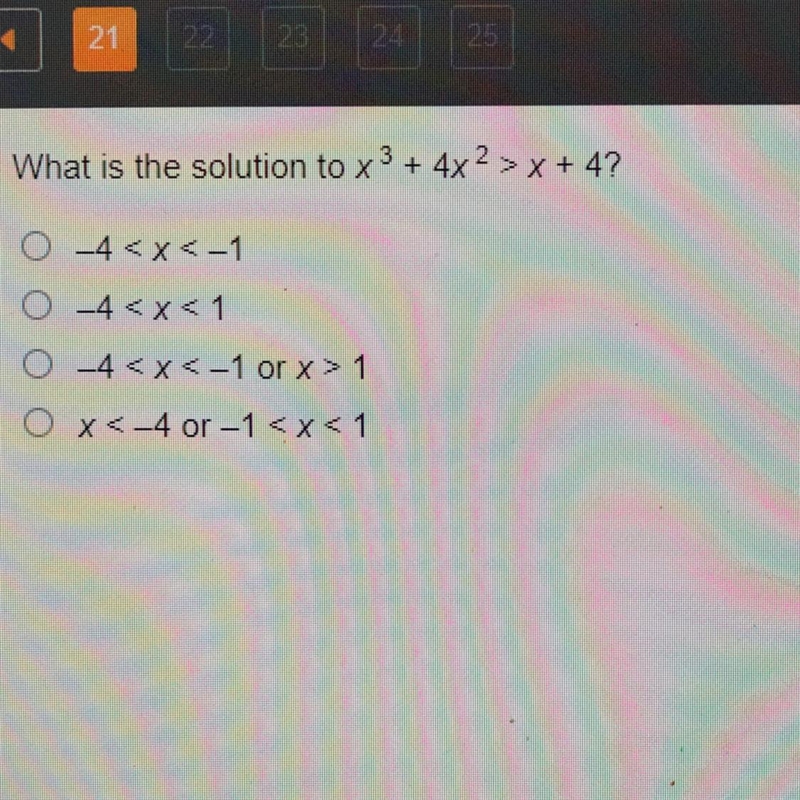 What is the solution to x^3 + 4x^2 > x + 4?-example-1