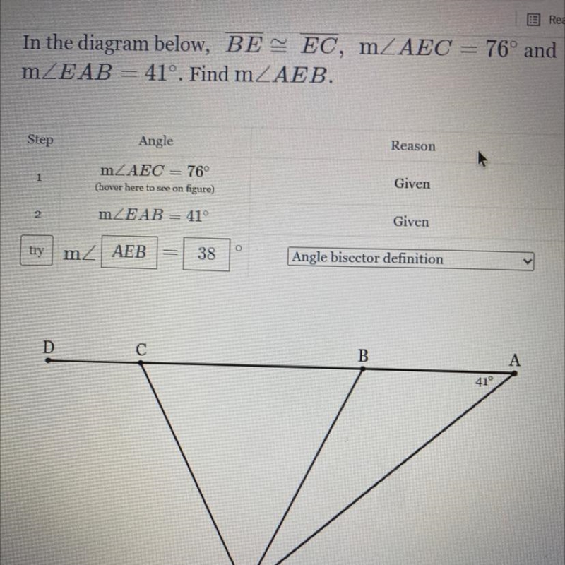 Line BE is congruent to line EC, measure of angle AEC =76 degrees and measure of angle-example-1