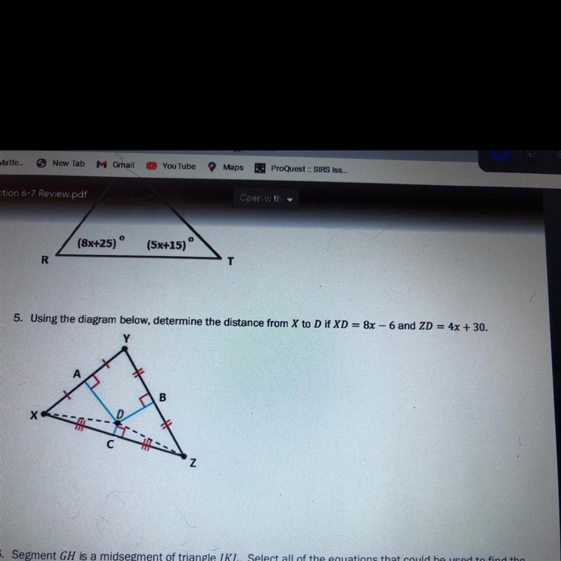 Using the diagram below,determine the distance from X to D if XD=8x-6 and ZD=4x+30.-example-1