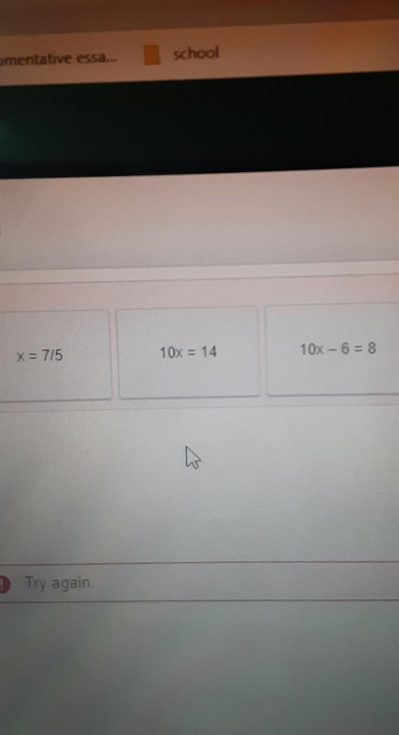 Order these equations to match the steps used to solve the equation 2(5x - 3) = 8. Step-example-1