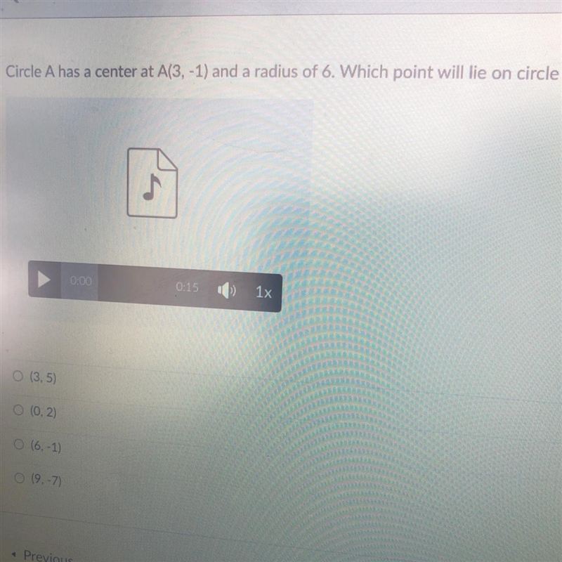 Circle A has a center at A(3,-1) and a radius of 6. Which point will lie on circle-example-1