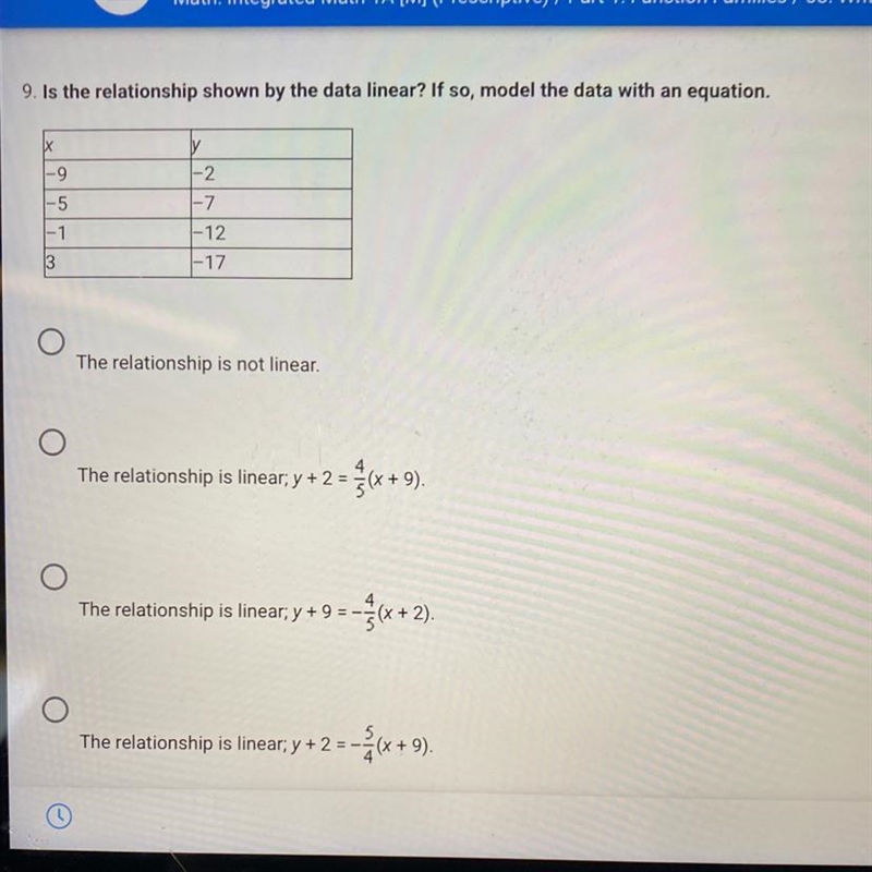 9. Is the relationship shown by the data linear? If so, model the data with an equation-example-1