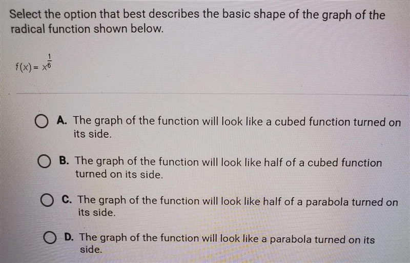 select the option that best describes the basic shape of the graph of the radical-example-1