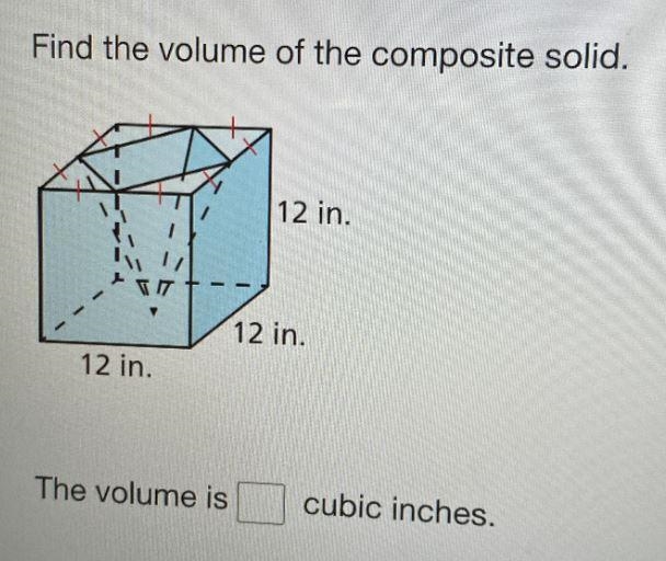 Find the volume of the composite solid.12 in.12 in.12 in.-example-1