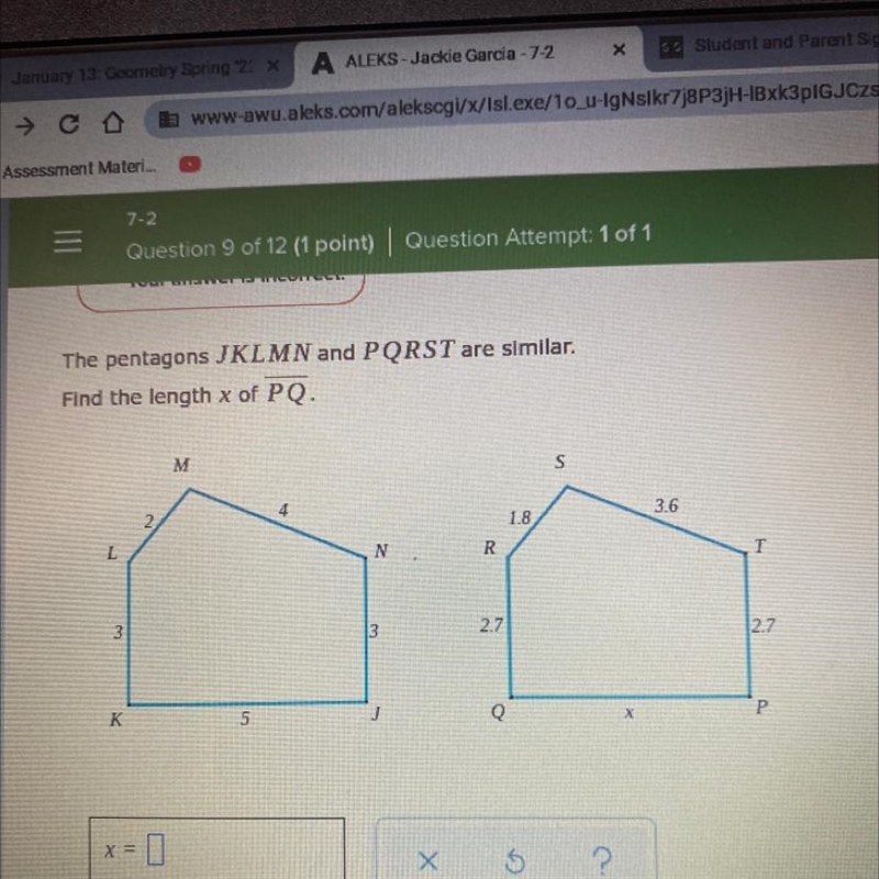 The pentagons JKLMN and PQRST are similar. Find the length x of PQ????? Help plssss-example-1