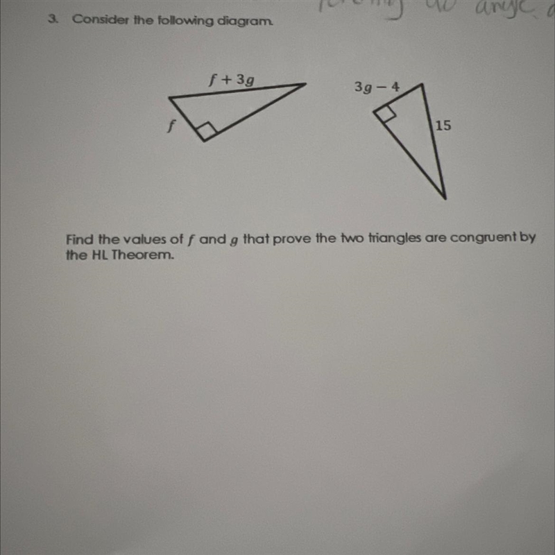 3. Consider the following diagram. f + 3g 39 - 4 15 Find the values of f and g that-example-1