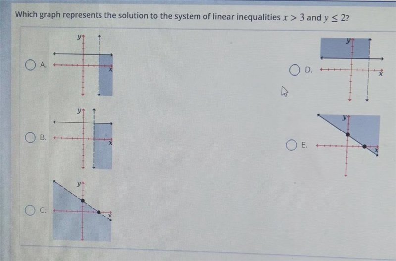 which graph represents the solution to the system of linear inequalities x>3 and-example-1