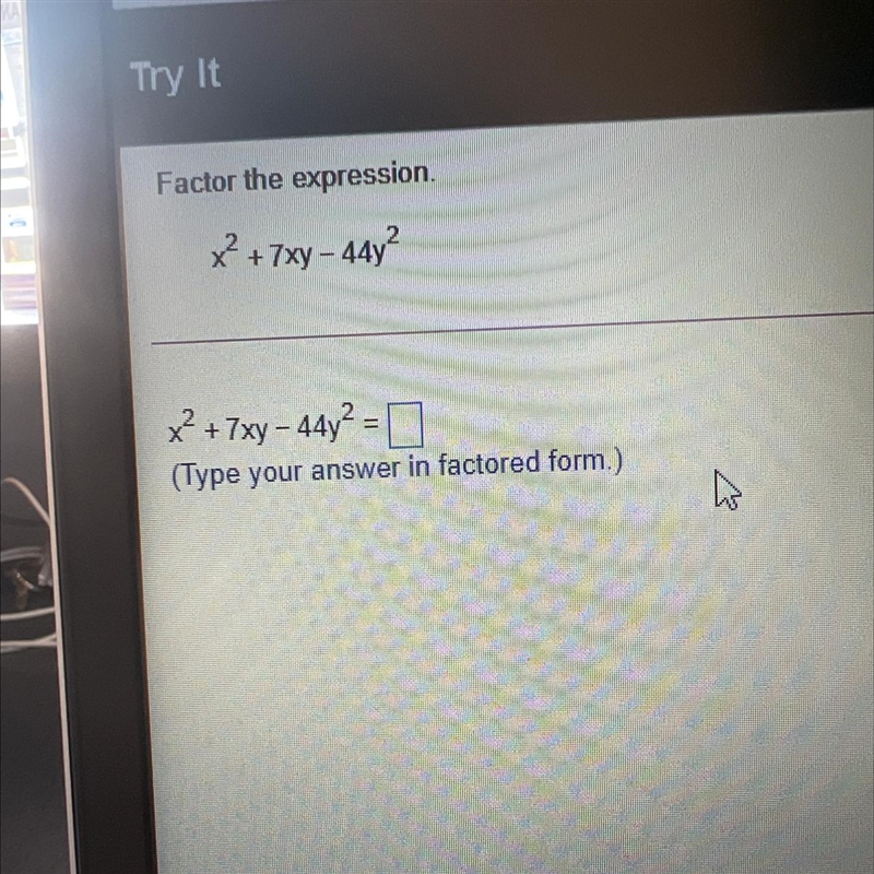 Factor the expression, x^2 + 7xy - 44y^2-example-1