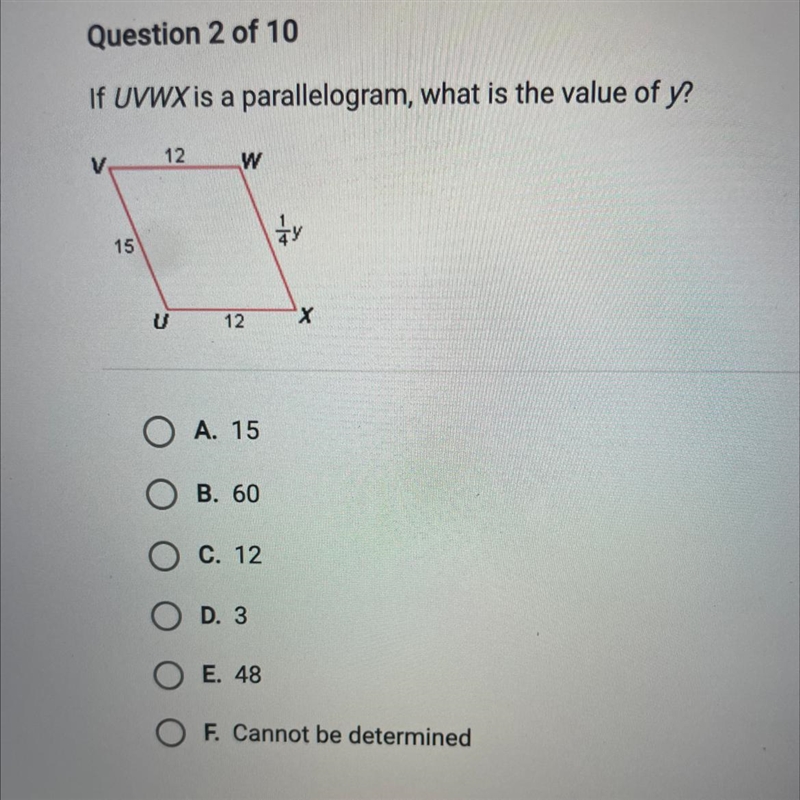 If UVWX is a parallelogram, what iS the value of y?-example-1