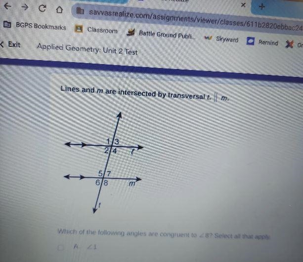 Which of the following angles are congruent to 8Option:angle 1angle 2angle 3angle-example-1