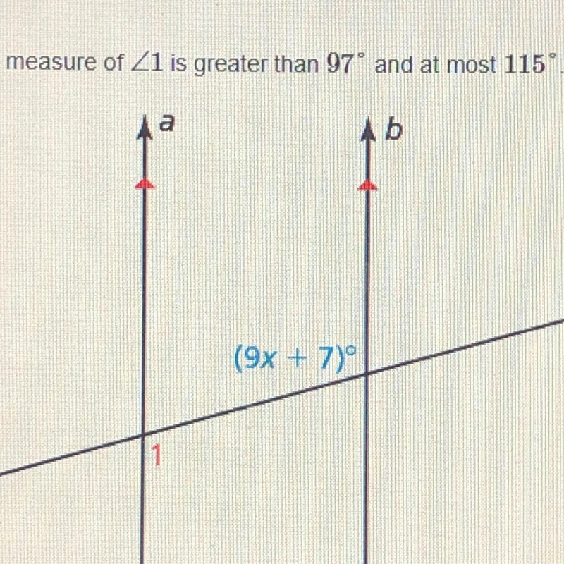 The measure of <1 is greater than 97° and at most 115°. Graph the possible values-example-1