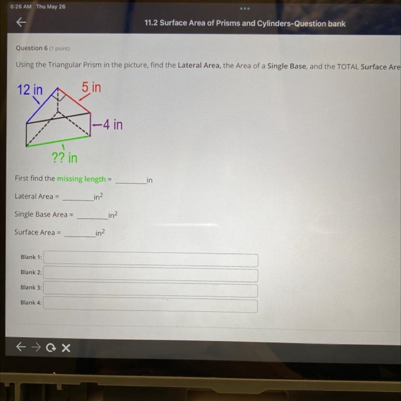 Question 6 (1 point)Using the Triangular Prism in the picture, find the Lateral Area-example-1