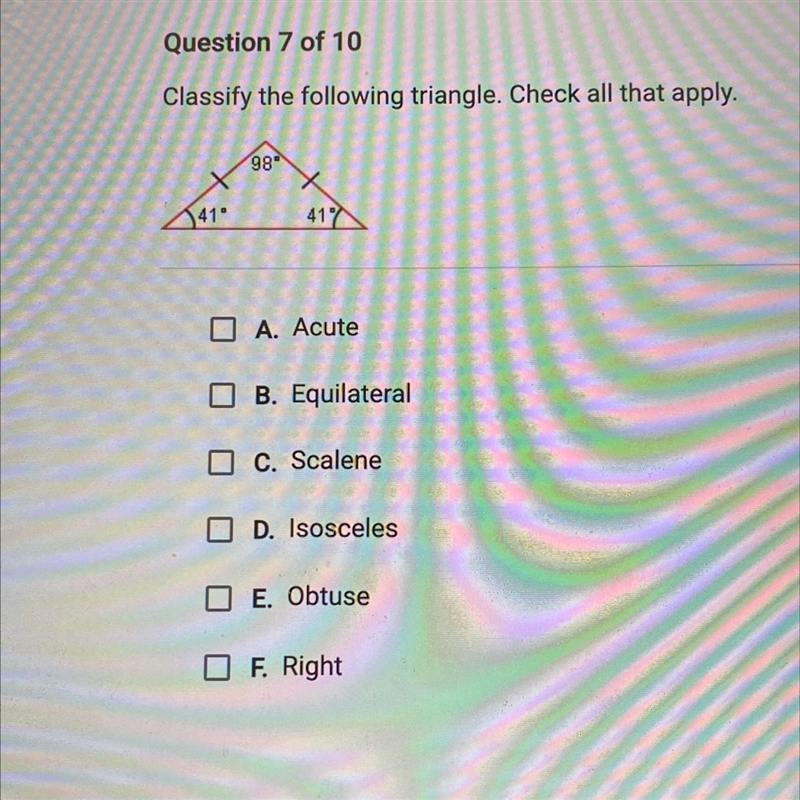 Question 7 of 10 Classify the following triangle. Check all that apply.-example-1