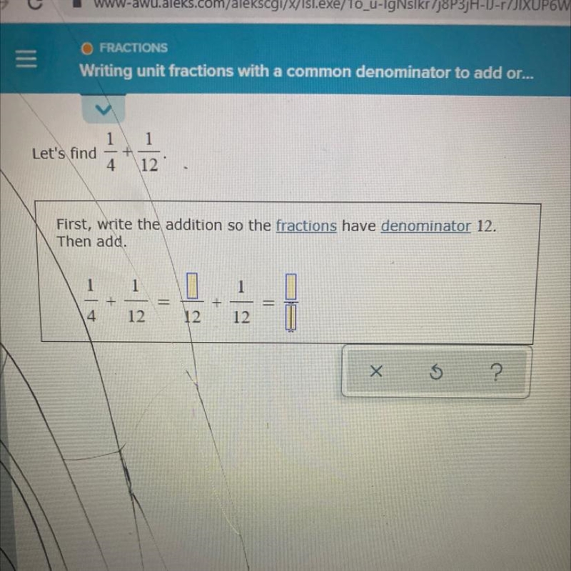 1Let's find-12.First, write the addition so the fractions have denominator 12.Then-example-1