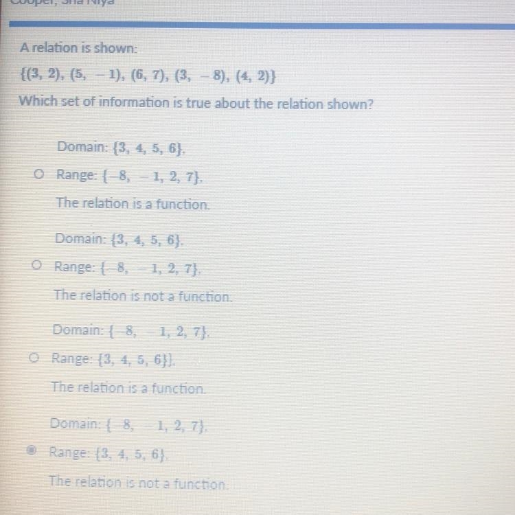 A relation is shown:{(3, 2), (5 1), (6, 7), (38) (4, 2)}Which set of information is-example-1