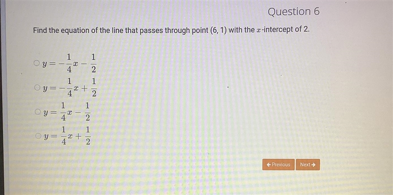 Find the equation of the line that passes through point (6, 1) with the x-intercept-example-1