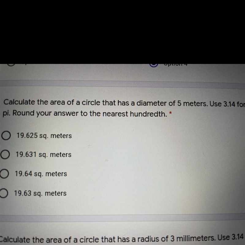 Calculate the area of a circle that has a diameter of 5 meters. Use 3.14 forpi. Round-example-1