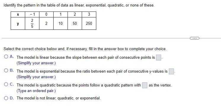 Identify the pattern in the table of data as linear, exponential, quadratic, or none-example-1