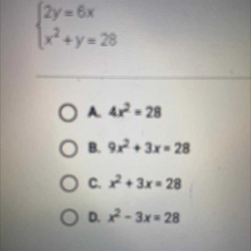 What is the resulting equation?2y = 6xX² + y = 28-example-1