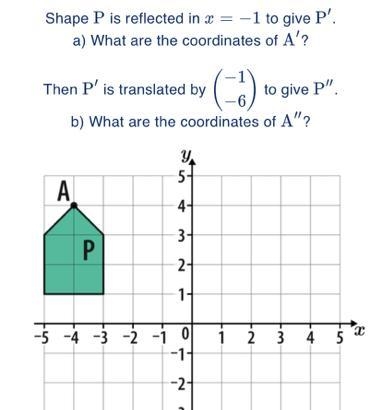 Shape P is reflected in x = -1 to give P'. a) What are the coordinates of A'? Then-example-1