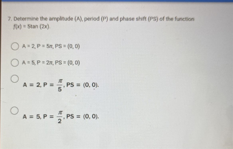 Determine the amplitude (A), period (P) and phase shift (PS) of the function: f(x-example-1