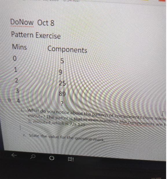 Pattern Exercise Mins Components Fitnes 0 5 1 9 2 25 3 89 4 ? What do you notice about-example-1