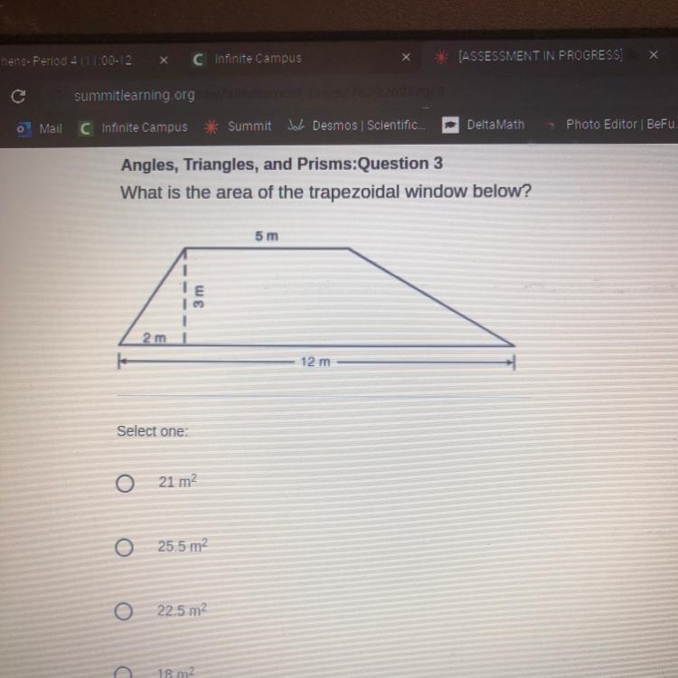 What is the area of the trapezoidal window below? Answers: A: 21m to the second power-example-1