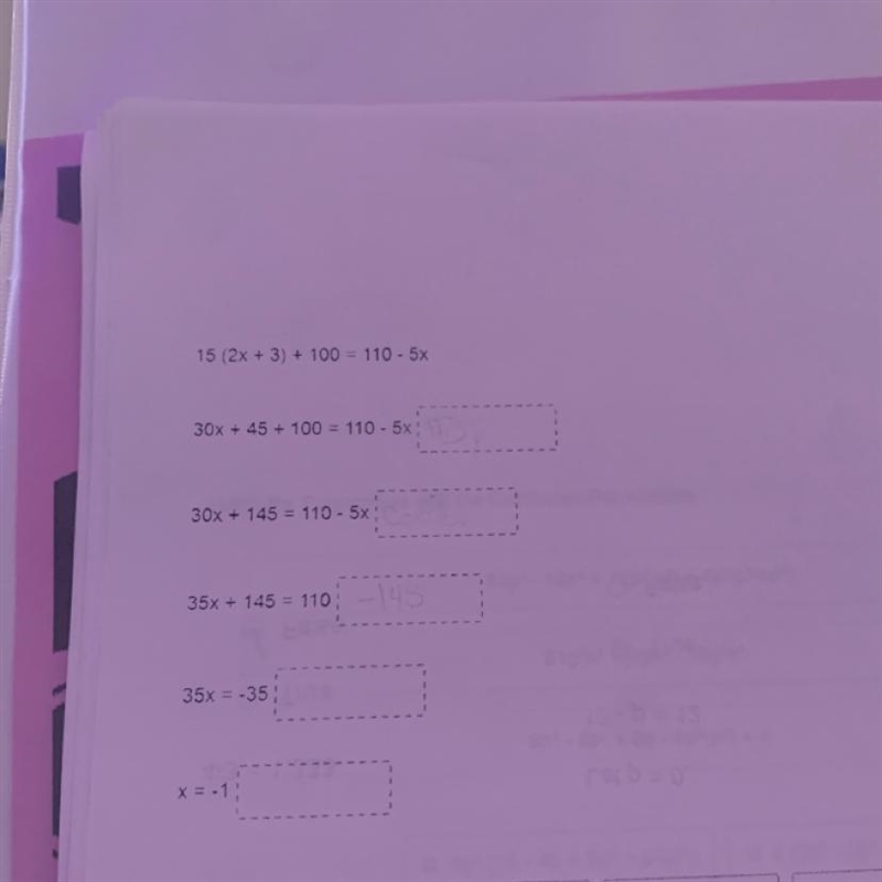 15(2 x+3)+100=110-5x 30 x+45+100=110-5x 30 x+145=110-5x 35 x+145=110 35 x=-35 x=-1-example-1