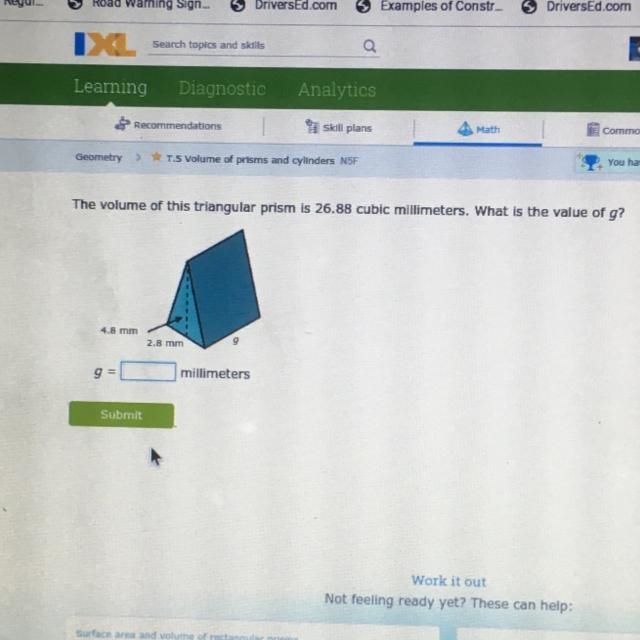 The volume of this triangular prism is 26.88 cubic millimeters. What is the value-example-1