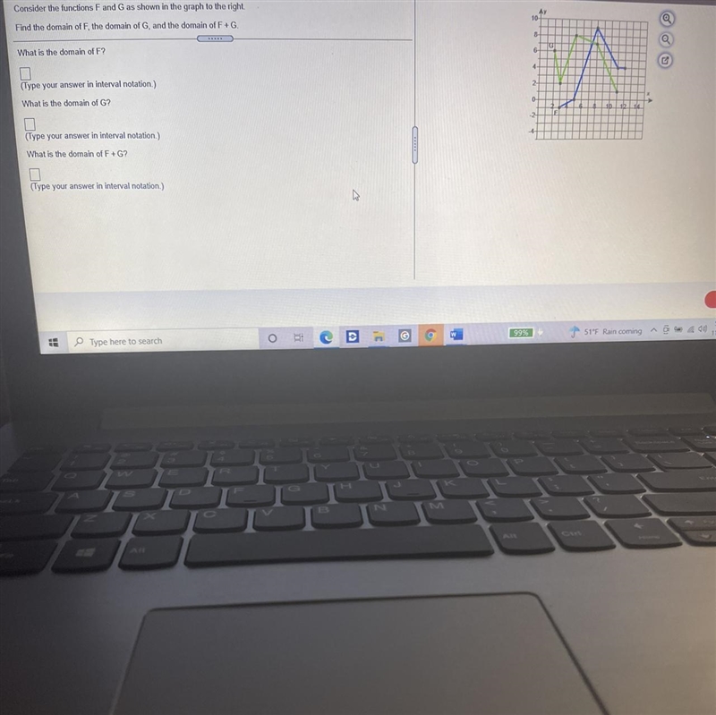 Consider the function F and G as show in the graph. Find the domain of F ,G and the-example-1