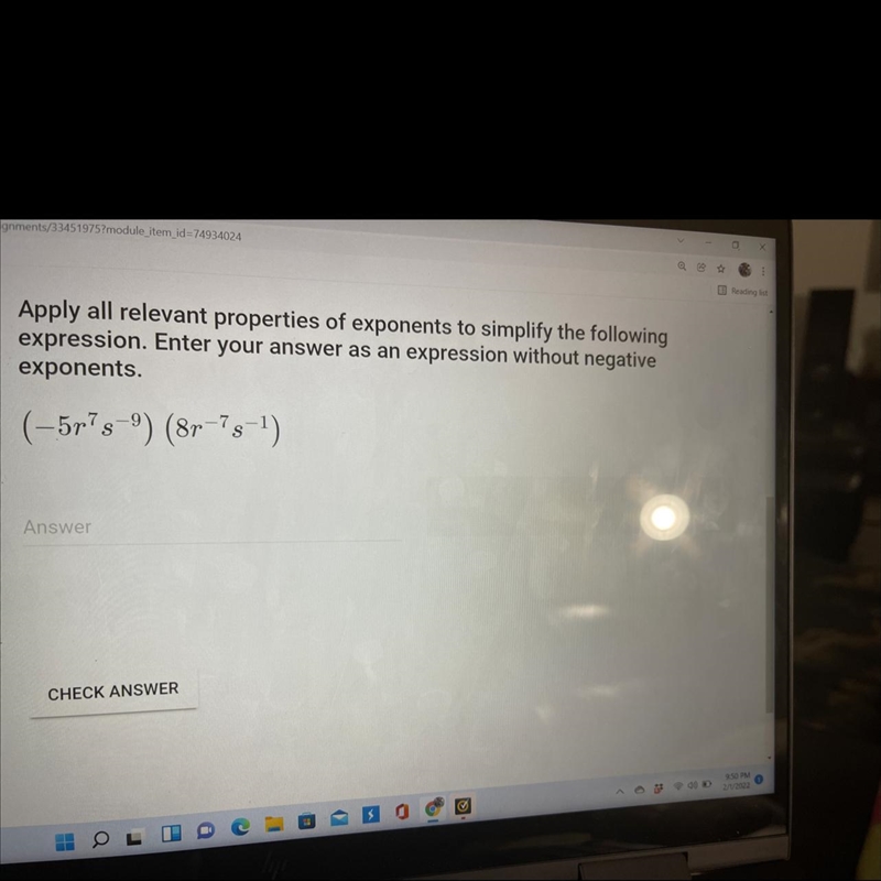 Apply all relevant properties of exponents to simplify the following expression. Enter-example-1