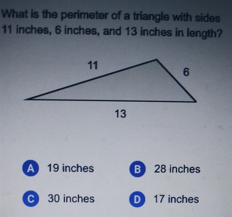 What is the perimeter of a triangle with sides 11 inches, 6 inches, and 13 inches-example-1