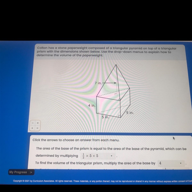 Colton has a stone paperweight composed of a triangular pyramid on top of a triangularprism-example-1