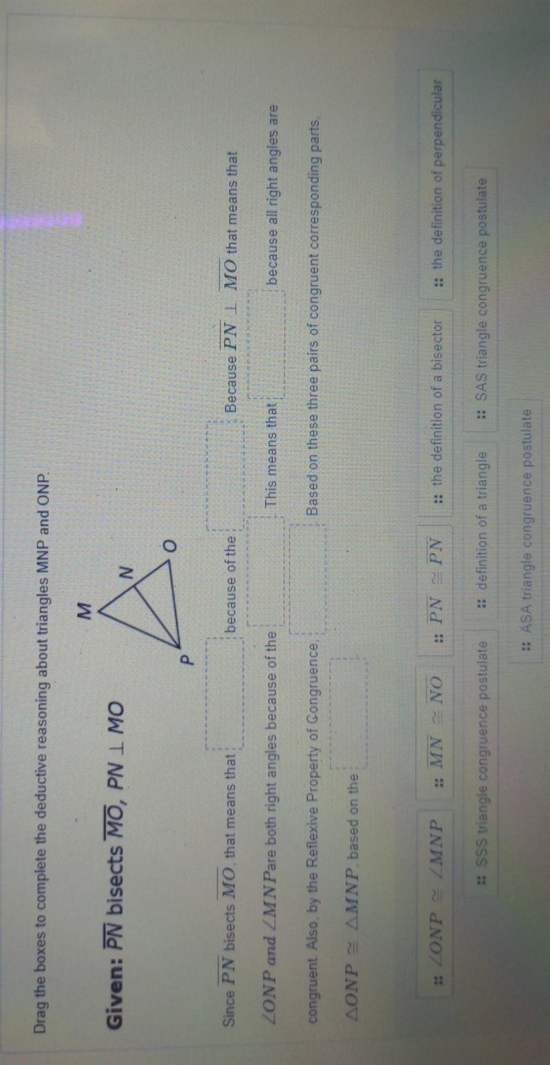 How do I find the deductive reasoning about triangles MNP ONP with the options below-example-1