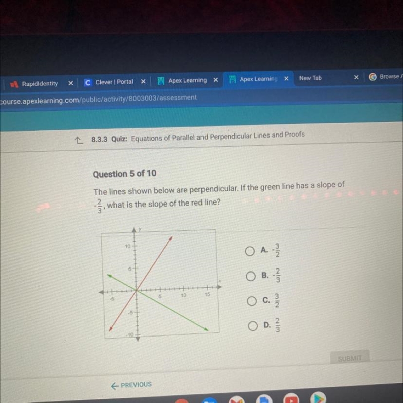 The lines shown below are perpendicular. If the green line has a slope ofş, what is-example-1