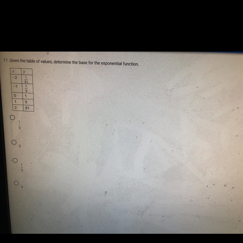 Given the table values, Determine the base for the expoent function-example-1