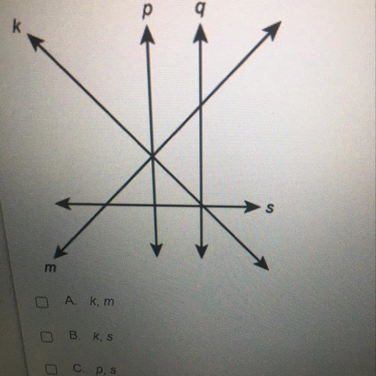 Identify all pairs of lines that appear to be perpendicular D.q,sE. p,mF. q,k-example-1